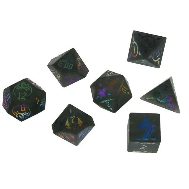 Dragon on Cracked & Frosted Grey Glass - 7pcs RPG Dice Set