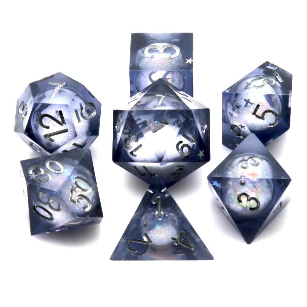 White Sand in Dark Blue Liquid Filled Sharp Resin - 7pcs RPG Dice Set