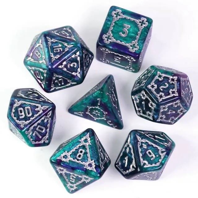 Castle on Purple & Teal Resin - 7pcs RPG Oversized Dice Set