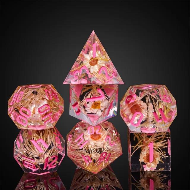 Gold Flower in Clear Filled Sharp Resin - 7pcs RPG Dice Set