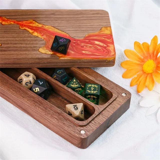 Orange Resin on Black Walnut Wood - Magnetic Dice Storage