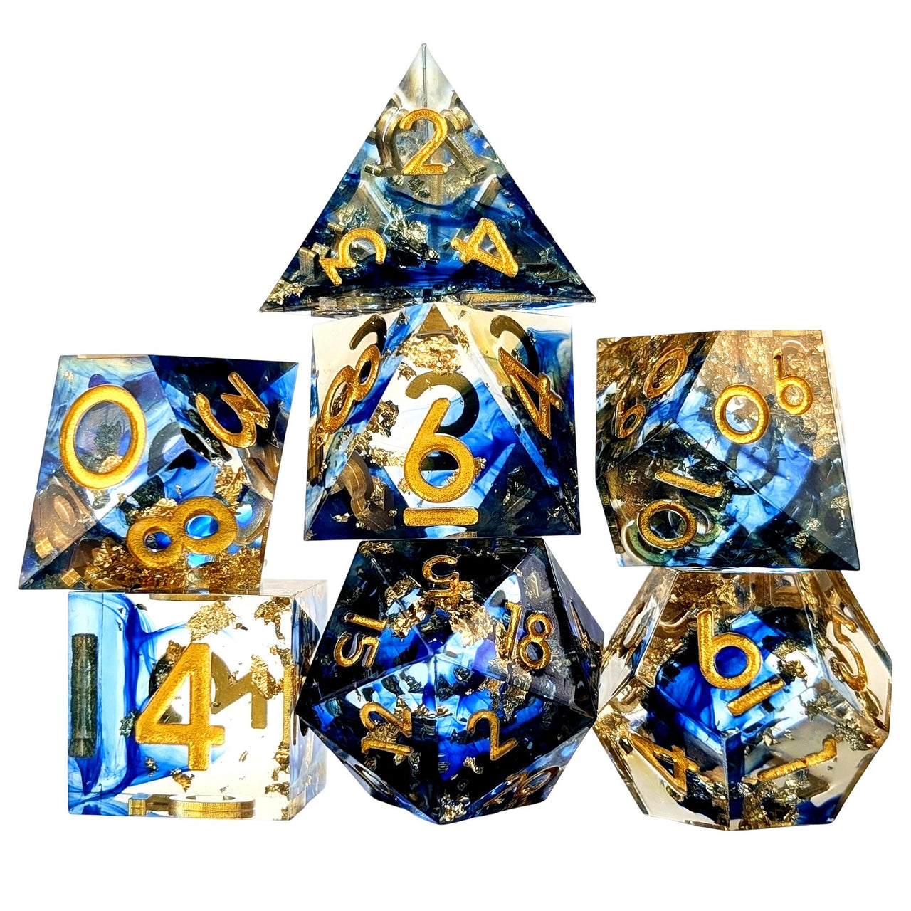 Blue Swirl in Clear with Gold Foil Sharp Resin - 7pcs RPG Dice Set