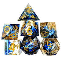 Thumbnail for Blue Swirl in Clear with Gold Foil Sharp Resin - 7pcs RPG Dice Set