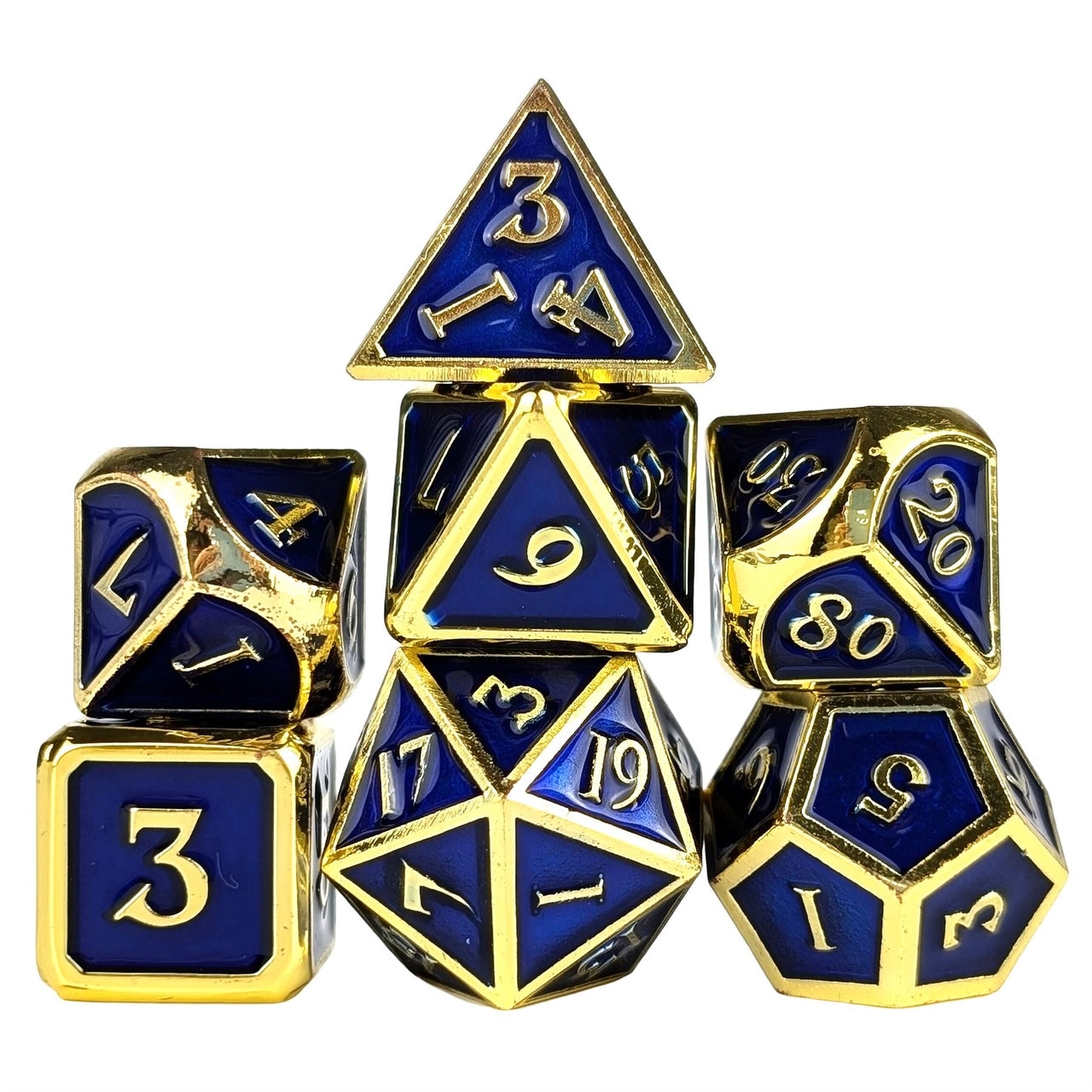 Blue Enamel in Gold Metal - 7pcs RPG Dice Set