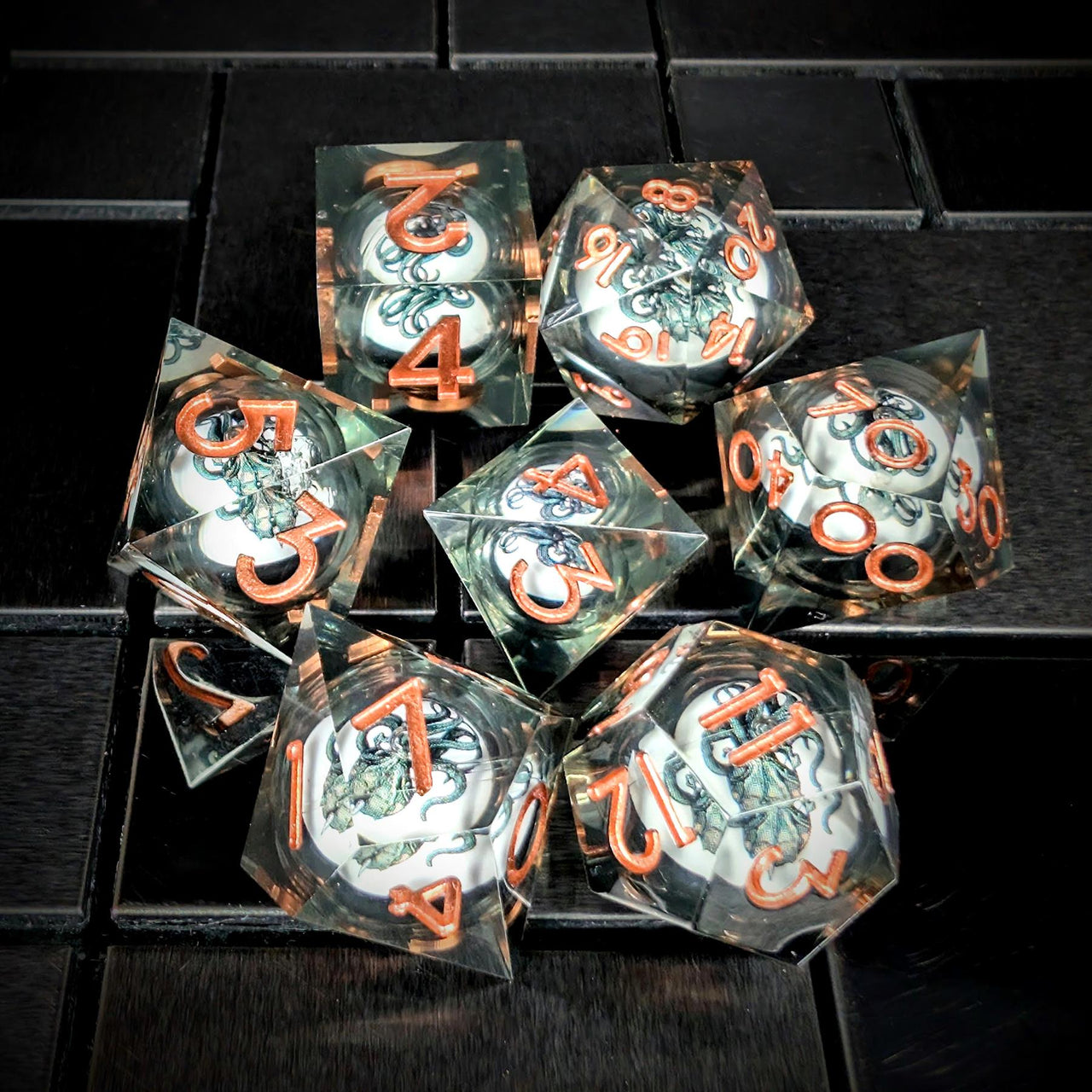 Octopus Ball in Black & Clear Filled Sharp Resin - 7pcs RPG Dice Set