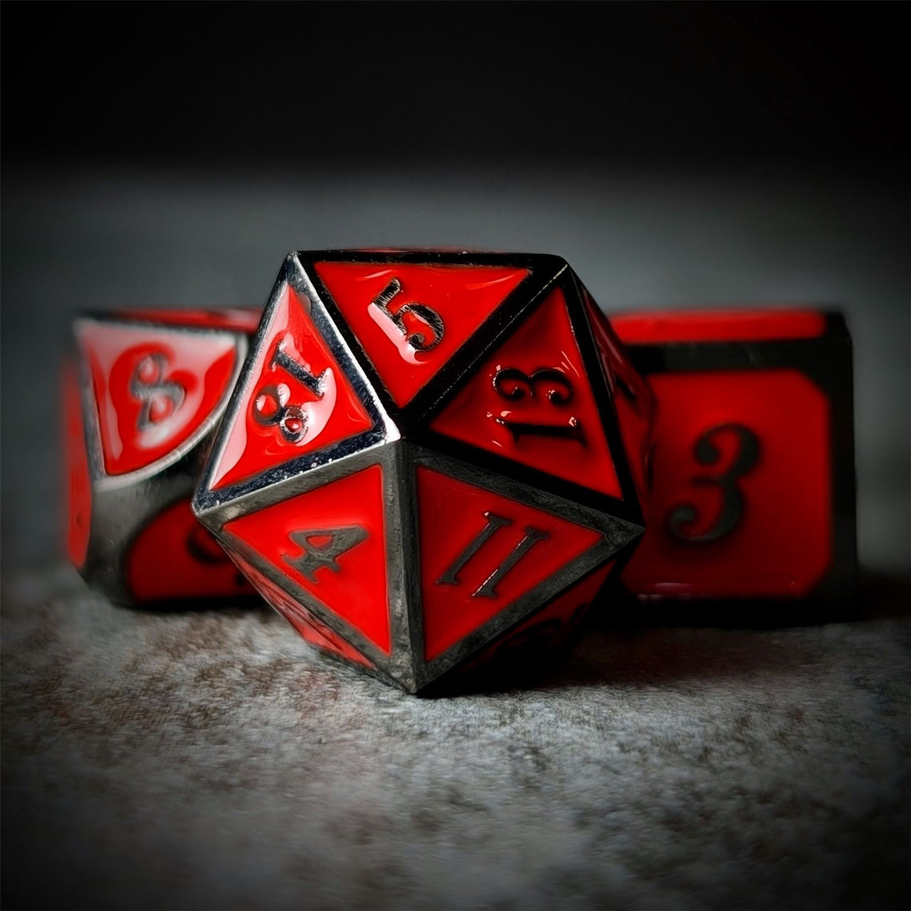 Red Enamel in Black Metal - 7pcs RPG Dice Set