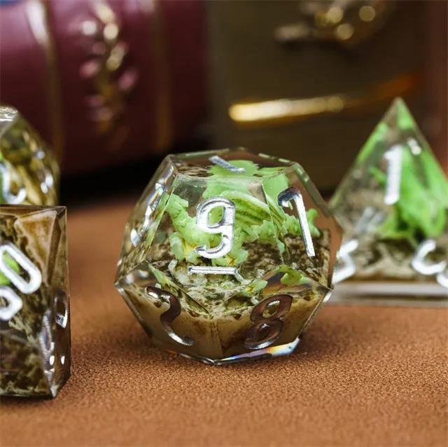 Dragon in Clear Filled Sharp Resin - 7pcs RPG Dice Set