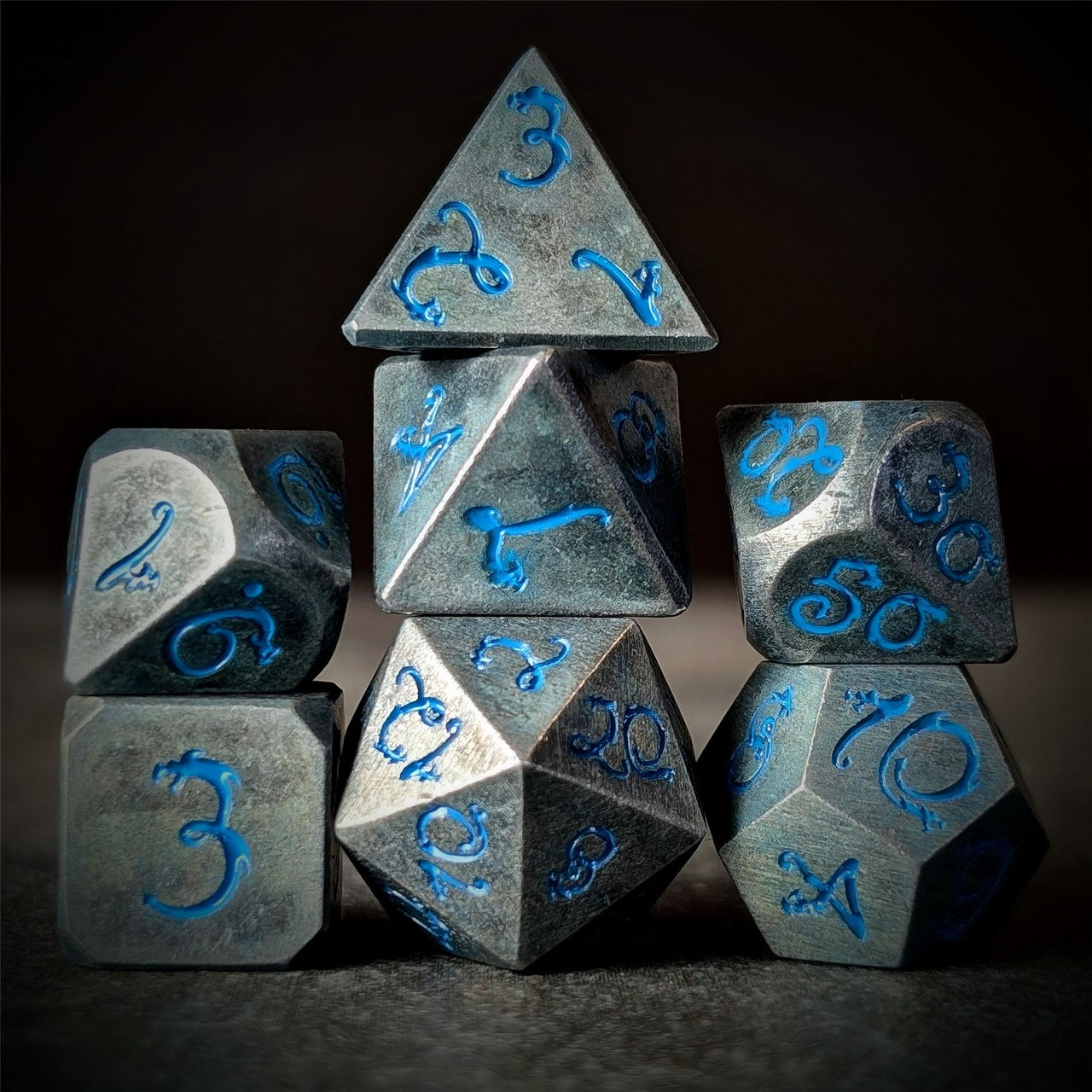 Silver Metal with Blue Dragon Font - 7pcs RPG Dice Set