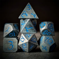 Thumbnail for Silver Metal with Blue Dragon Font - 7pcs RPG Dice Set