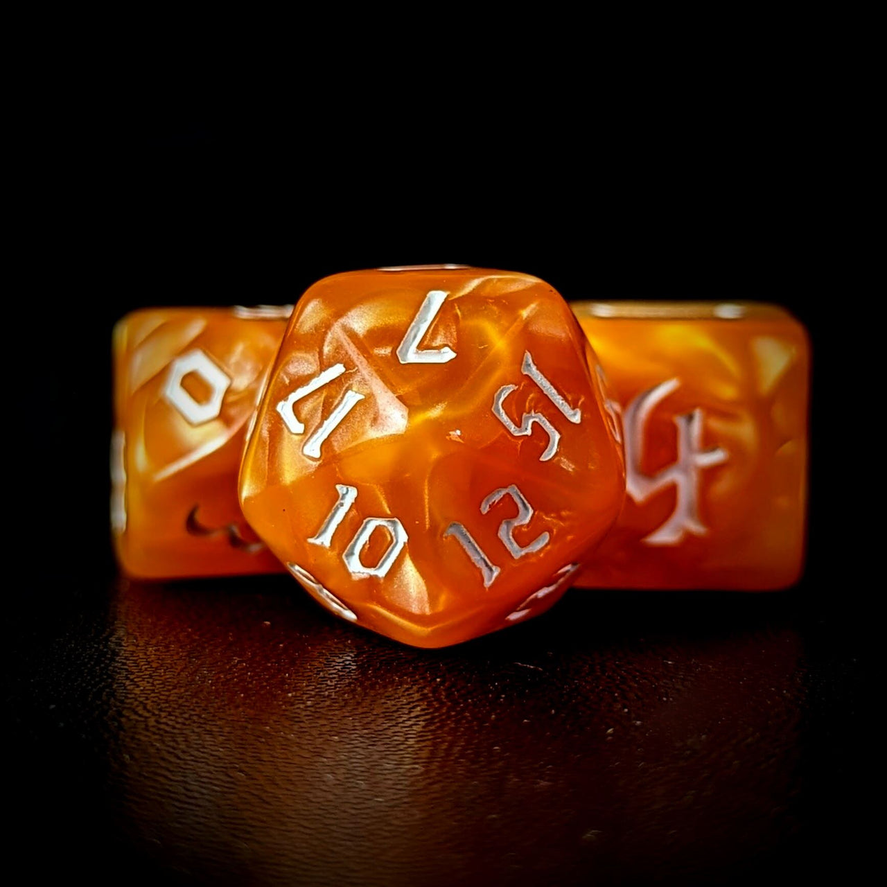 Orange Silk Acrylic - 7pcs RPG Full Dice Set Close