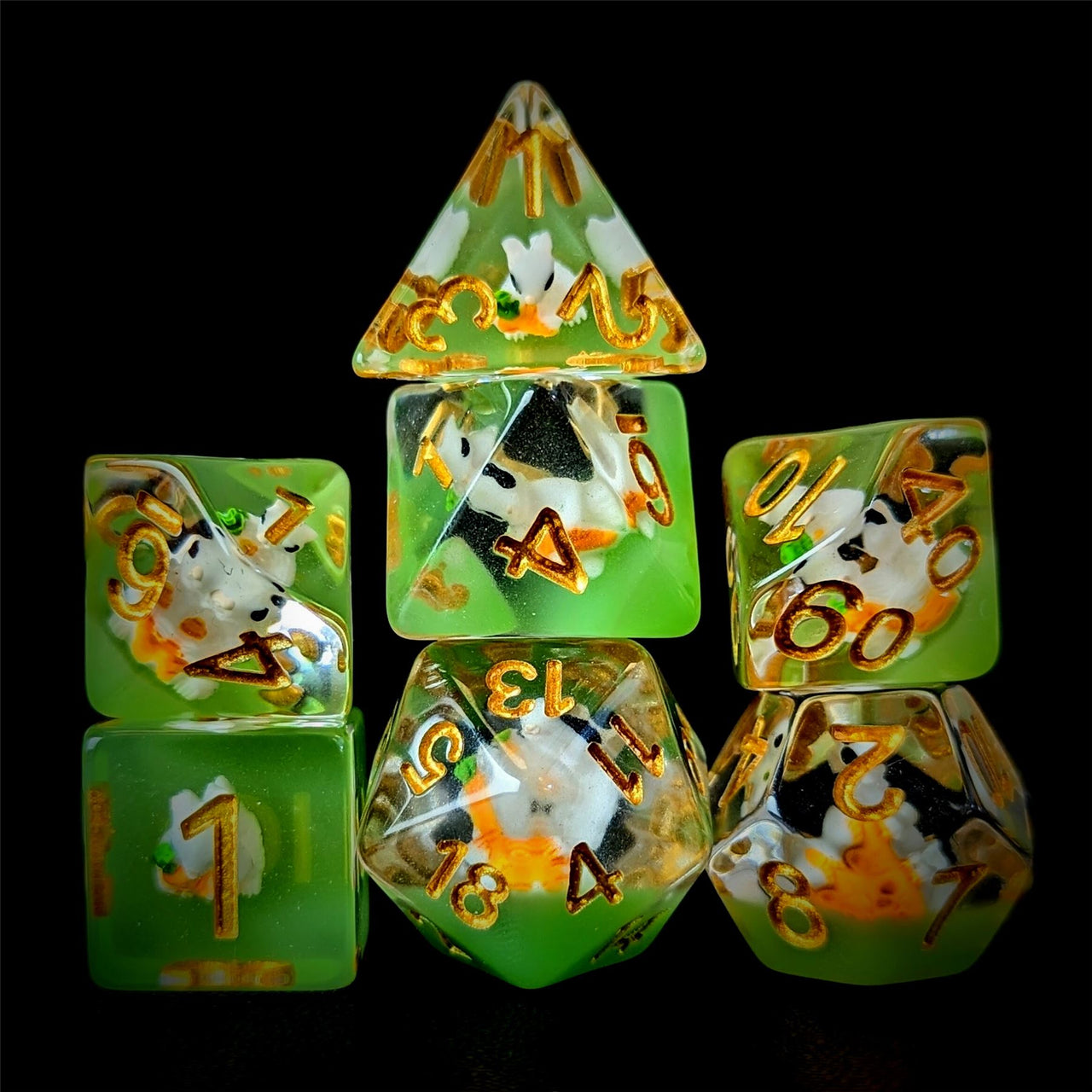 Rabbit in Clear & Green Resin - 7pcs RPG Full Dice Set