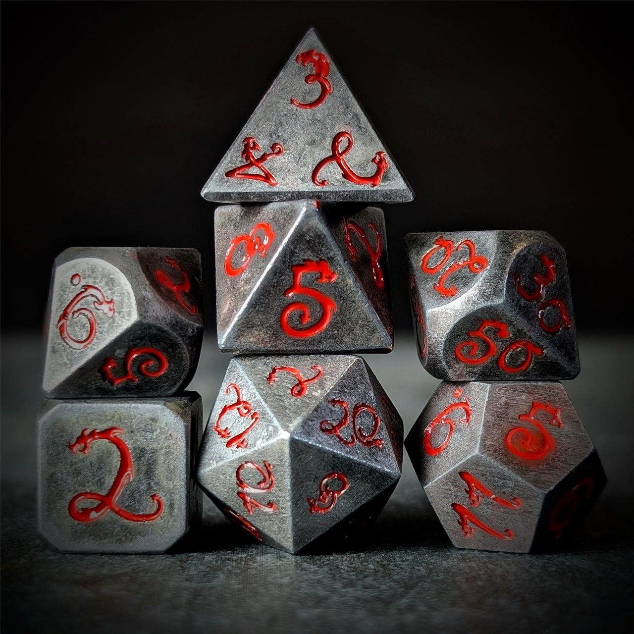 Silver Metal with Red Dragon Font - 7pcs RPG Dice Set