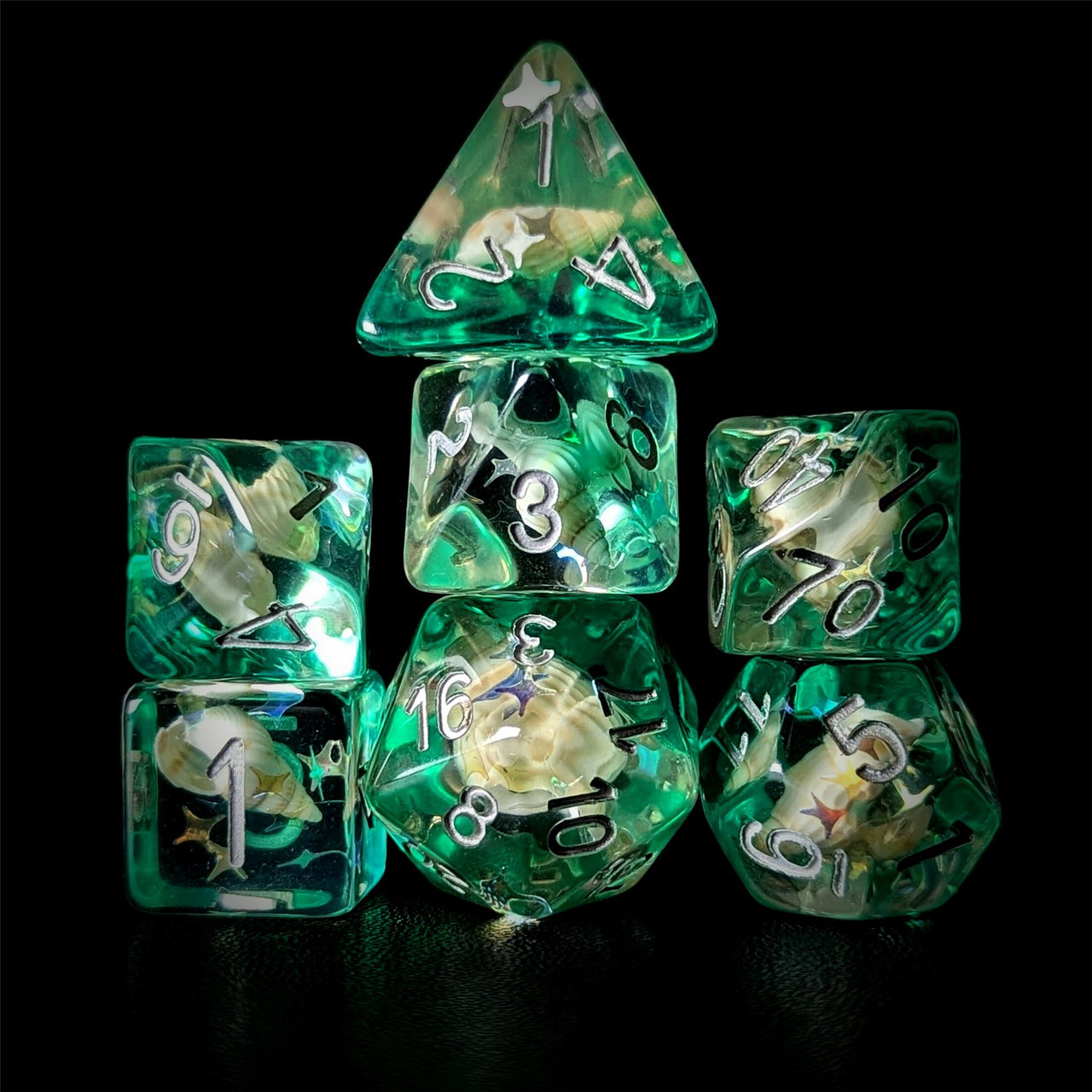 Shell in Clear & Teal Resin - 7pcs RPG Full Dice Set