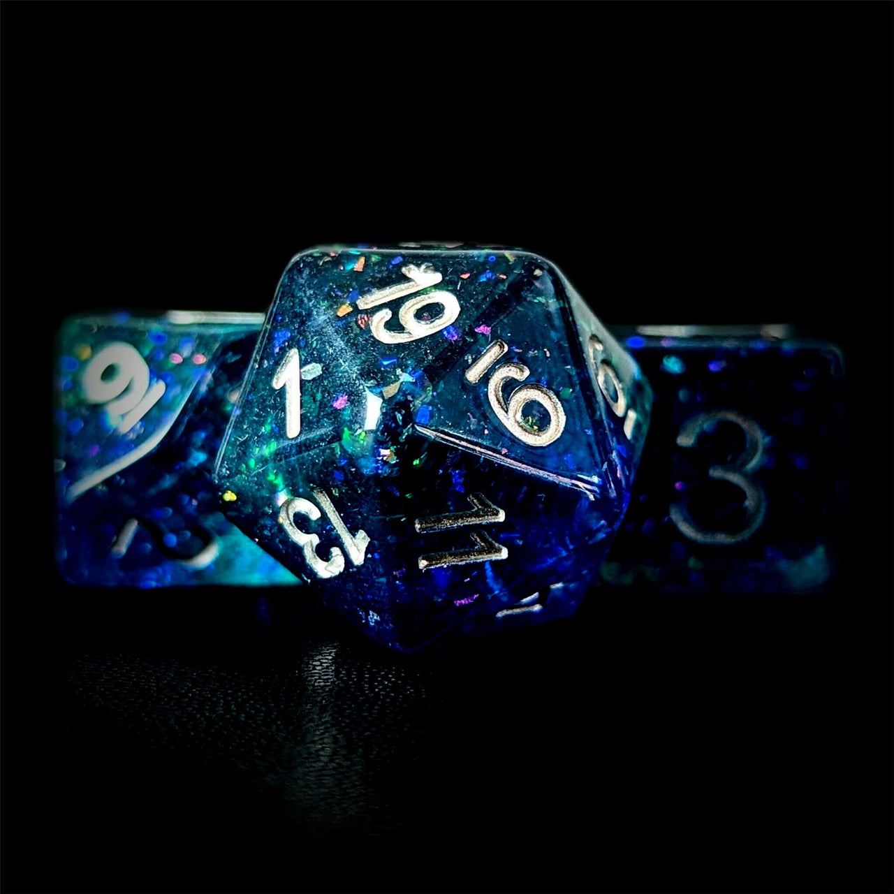 Glitter in Blue & Green Resin - 7pcs RPG Full Dice Set