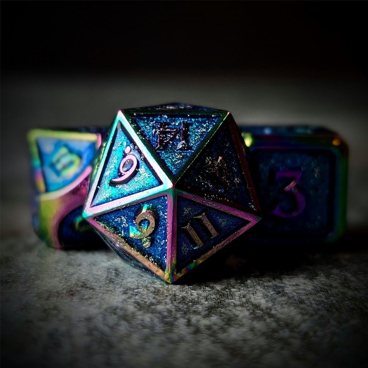 Glitter Blue Enamel in Rainbow Metal - 7pcs RPG Dice Set