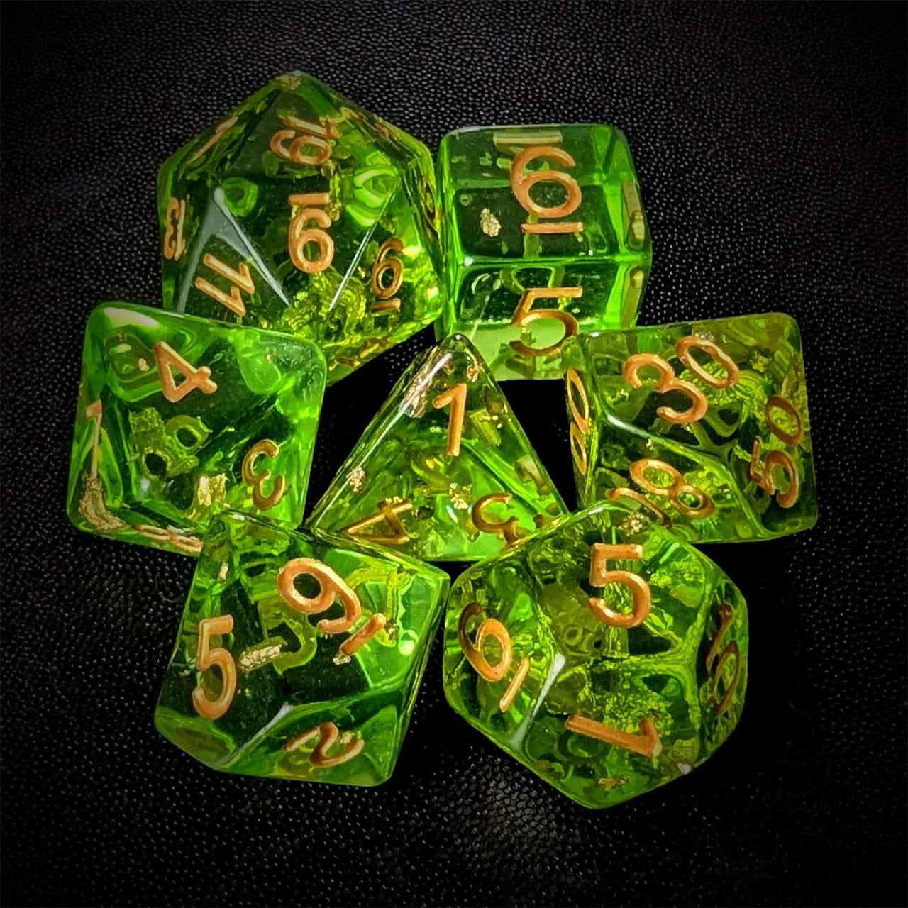 Gold Foil in Clear & Green Resin - 7pcs RPG Full Dice Set