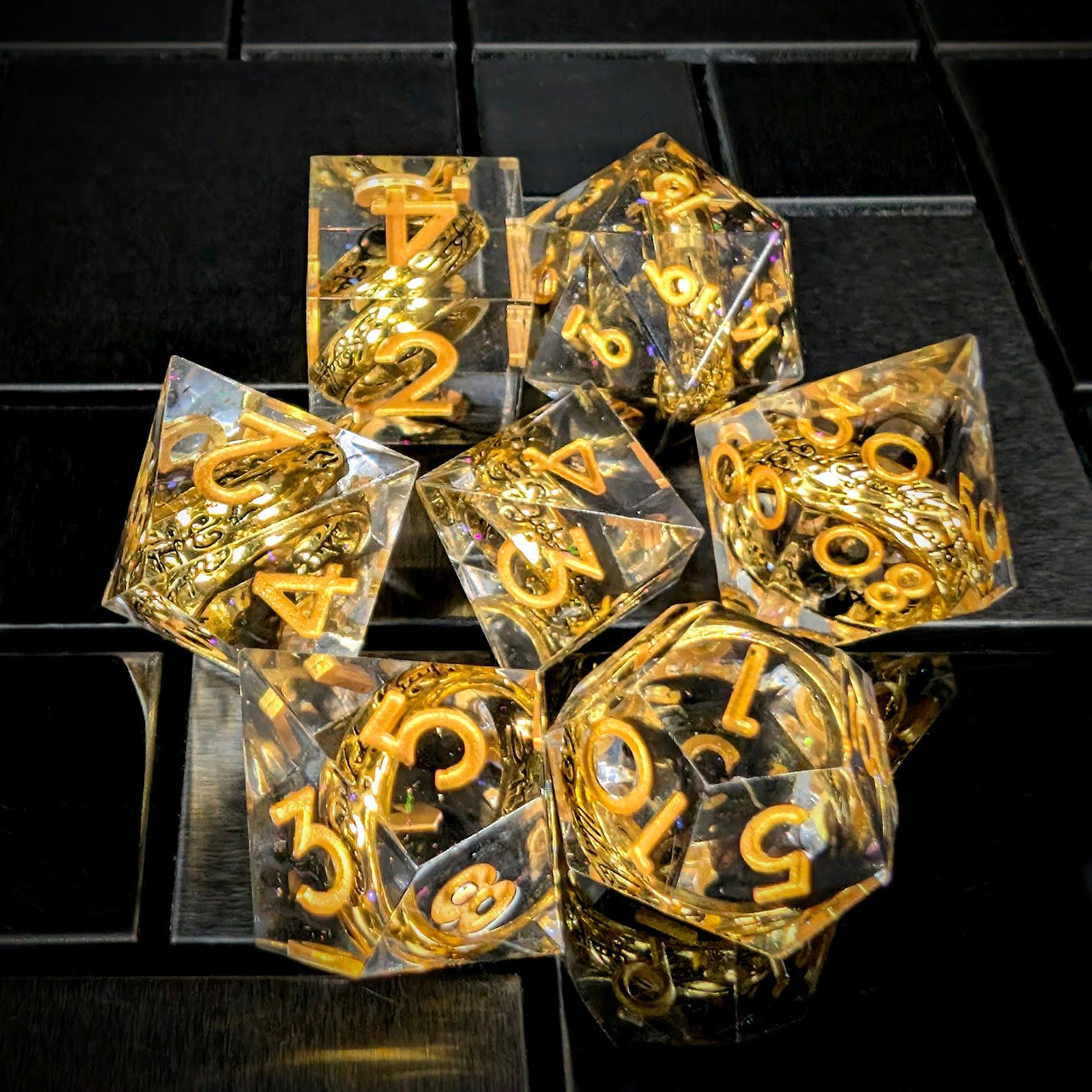 Gold Ring in Black & Clear Filled Sharp Resin - 7pcs RPG Dice Set