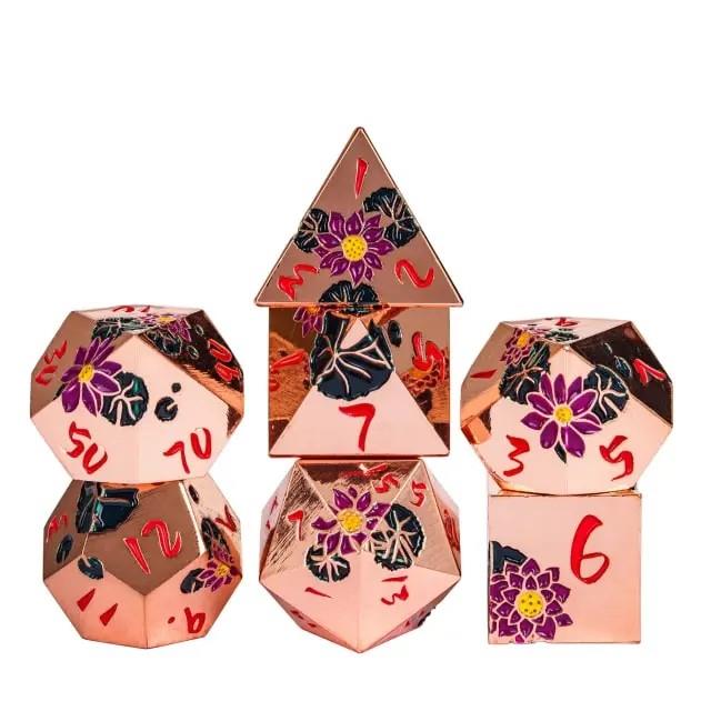 Purple Lotus Flower in Copper Metal - 7pcs RPG Dice Set