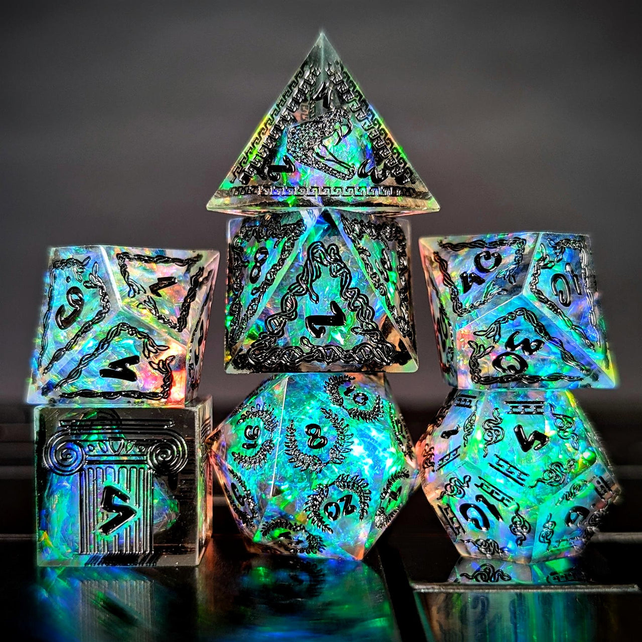Mythology on Clear Sharp Resin - 7pcs RPG Dice Set