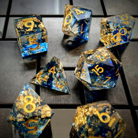 Thumbnail for Blue Swirl in Clear with Gold Foil Sharp Resin - 7pcs RPG Dice Set