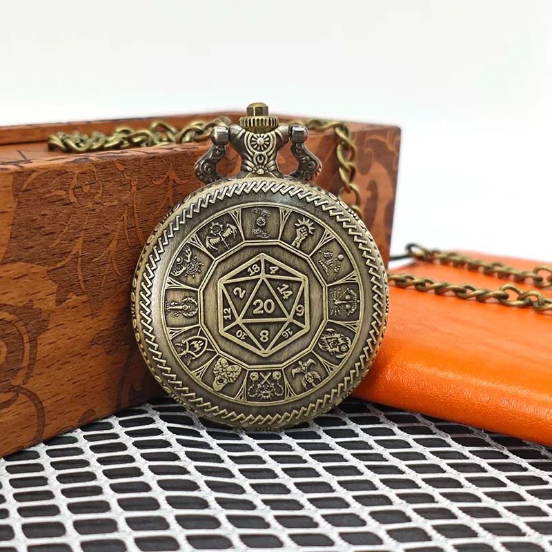 D20 on Bronze Pocket Watch with Mini Dice - Pendant