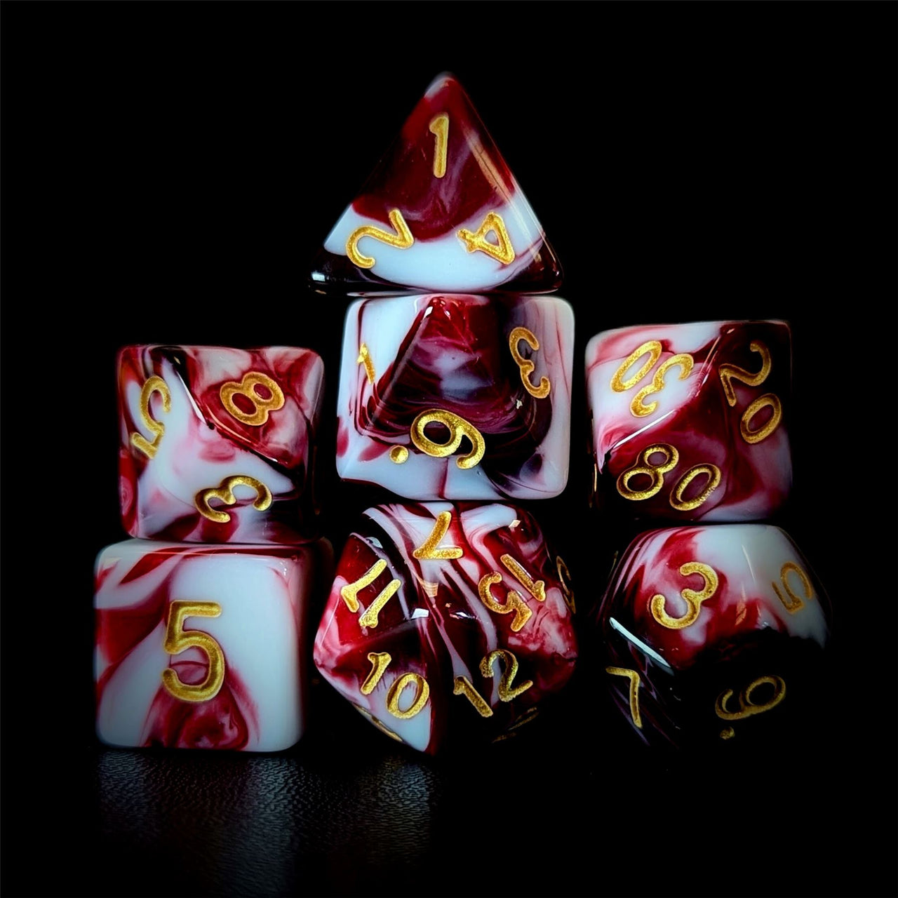 Blend of White & Red Acrylic - 7pcs RPG Full Dice Set