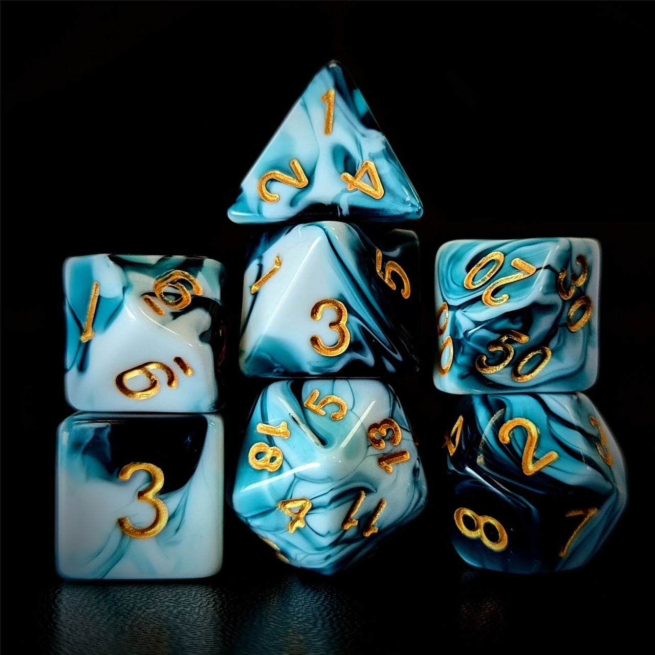 Blend of White & Blue Acrylic - 7pcs RPG Full Dice Set Dark Stack