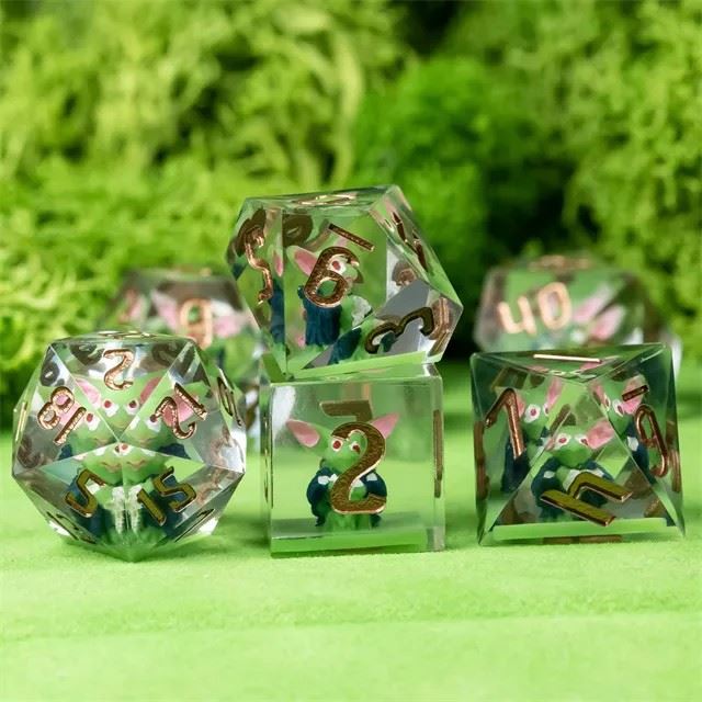 Goblin in Green & Clear Filled Sharp Resin - 7pcs RPG Dice Set