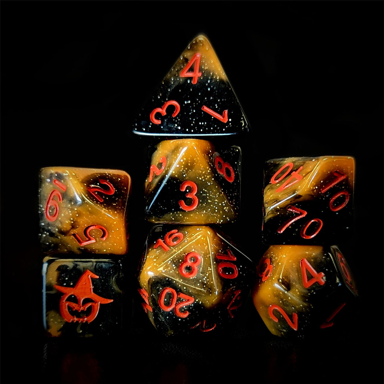 Glitter in Black & Orange Acrylic - 7pcs RPG Full Dice Set Dark Stack