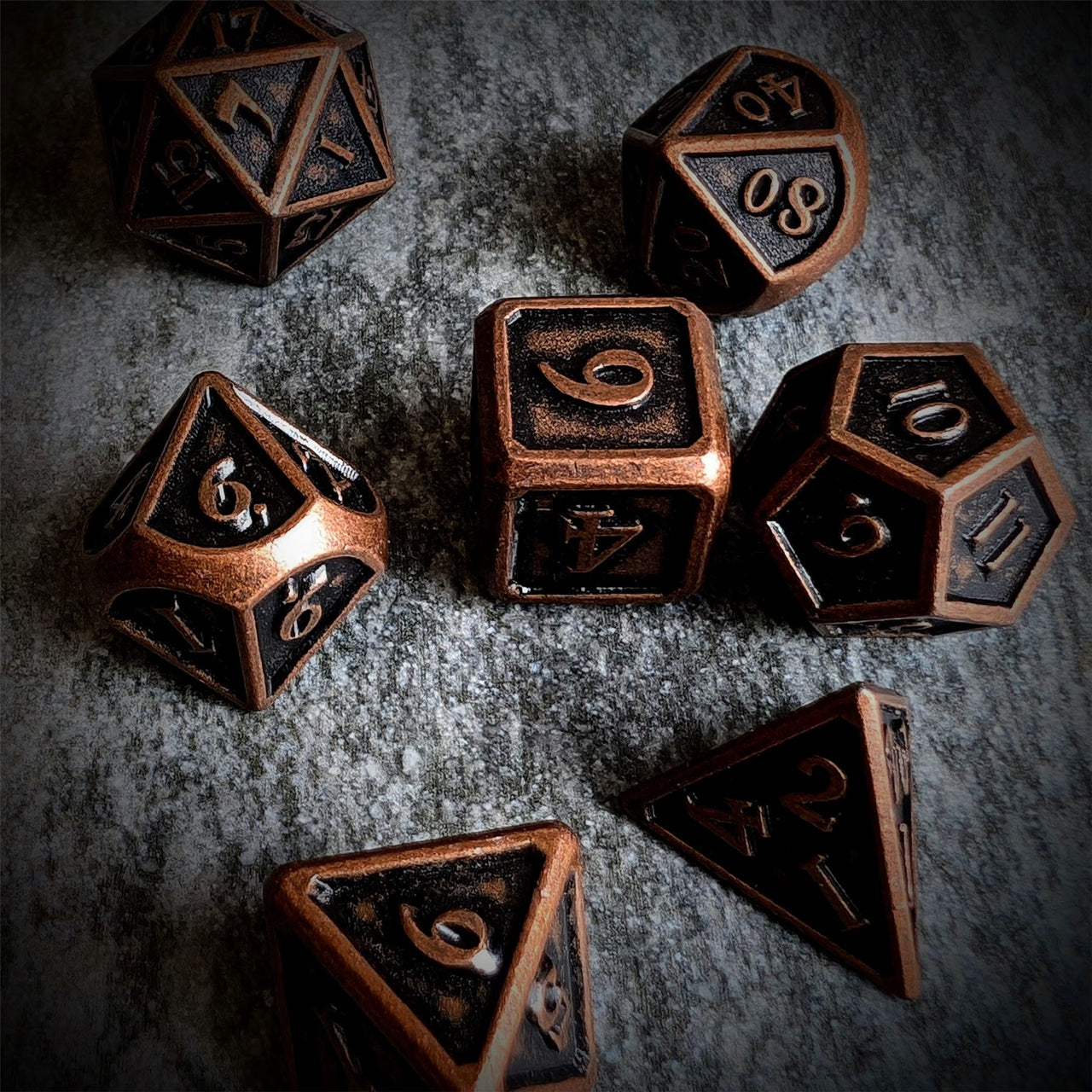 Brushed Worn Copper Metal - 7pcs RPG Dice Set