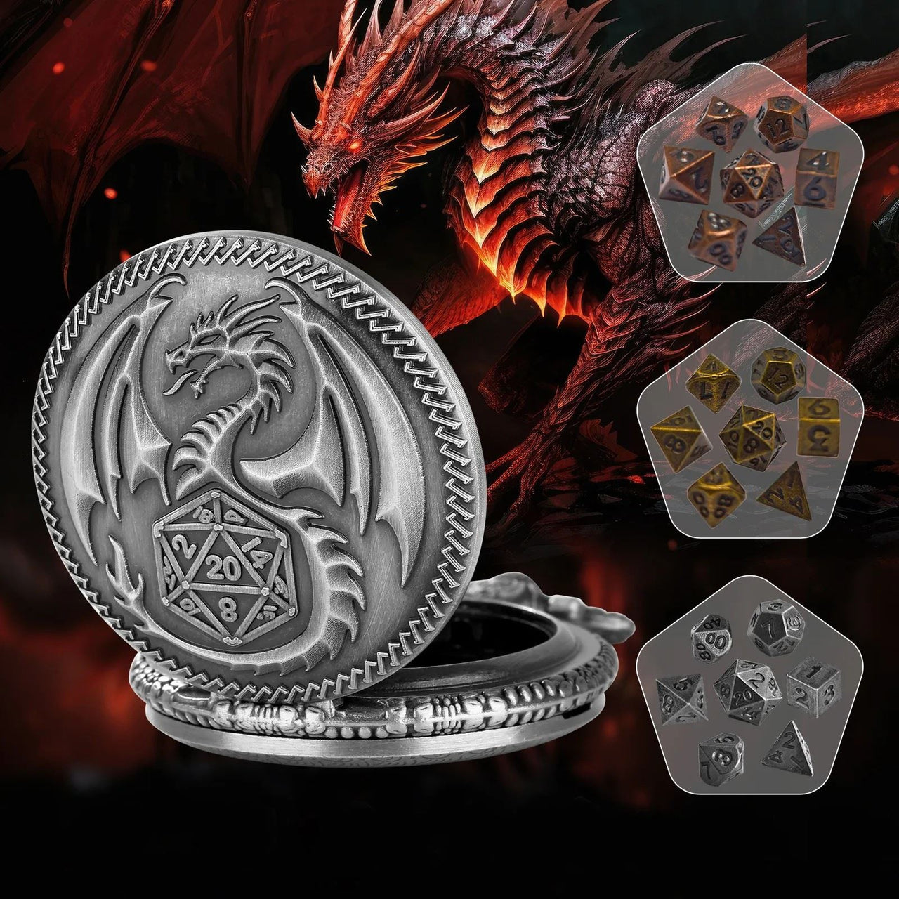 Dragon Wing on Silver Pocket Watch with Mini Dice - Pendant