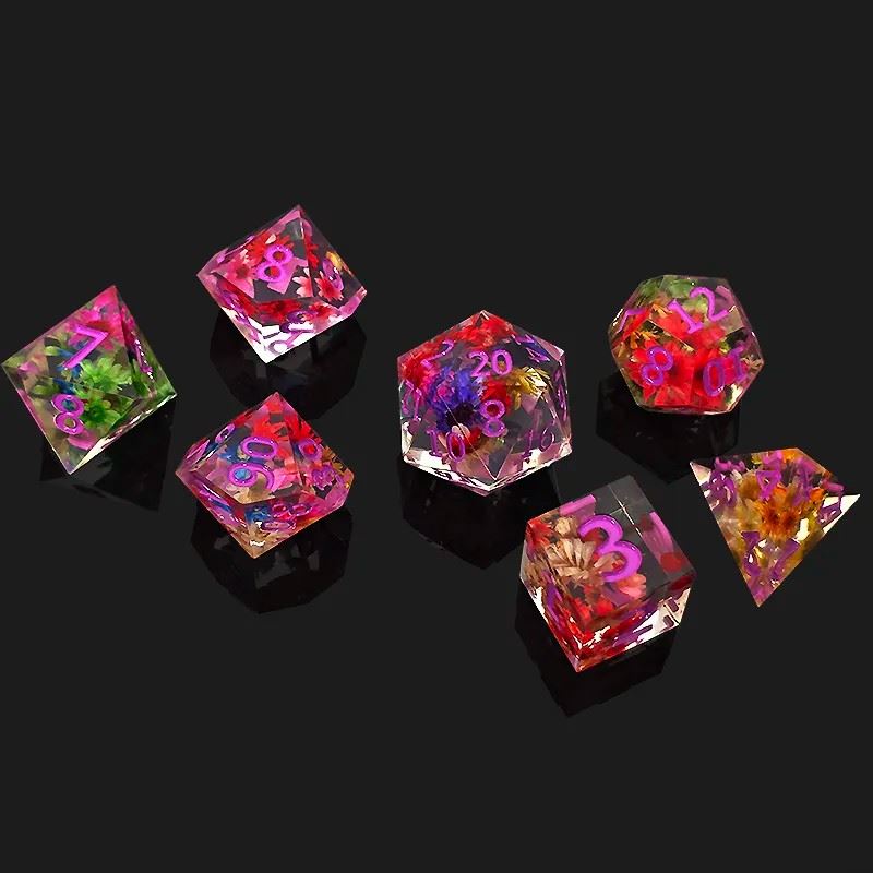 Flowers in Clear Filled Sharp Resin - 7pcs RPG Dice Set