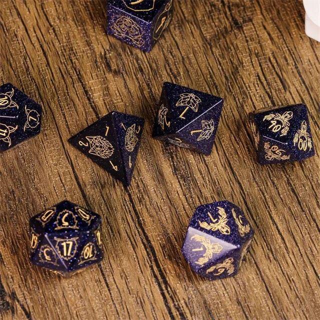 Beasts on Blue Goldstone Gemstone - 7pcs RPG Dice Set