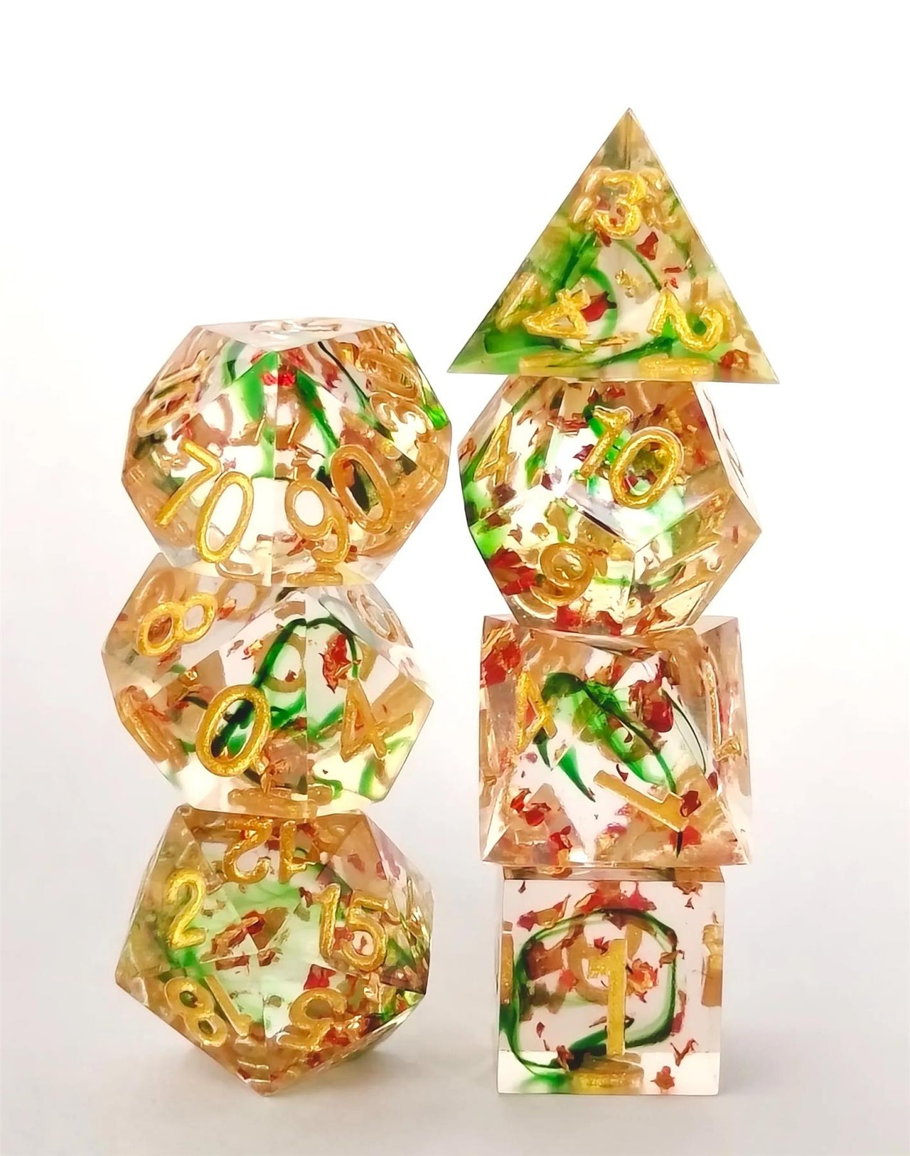 Green Swirl in Clear with Gold Foil Sharp Resin - 7pcs RPG Dice Set