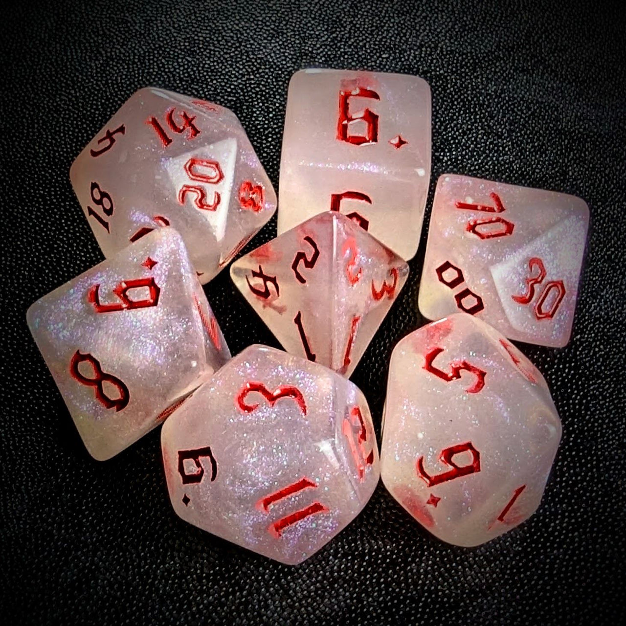 Glitter in White Acrylic with Red Font - 7pcs RPG Full Dice Set Top