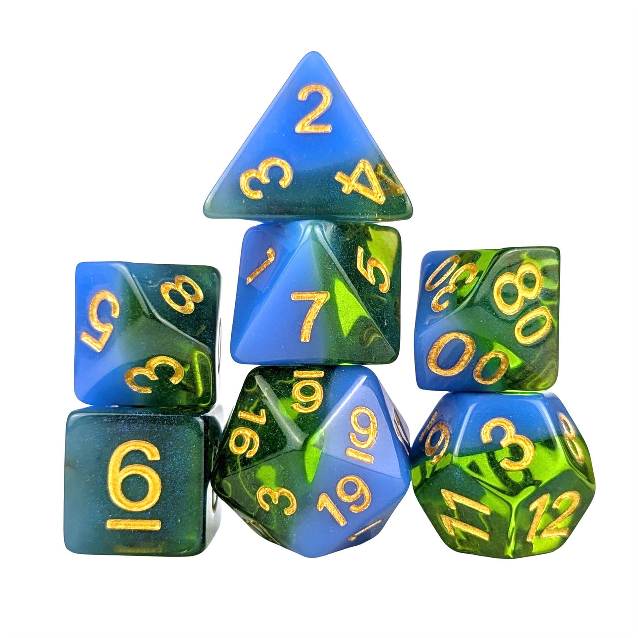 Layered Blue & Green with Shimmer Resin - 7pcs RPG Full Dice Set