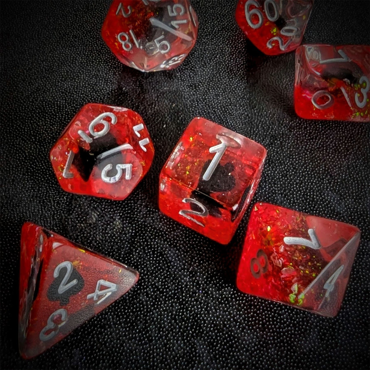 Spades in Clear & Red Resin - 7pcs RPG Full Dice Set