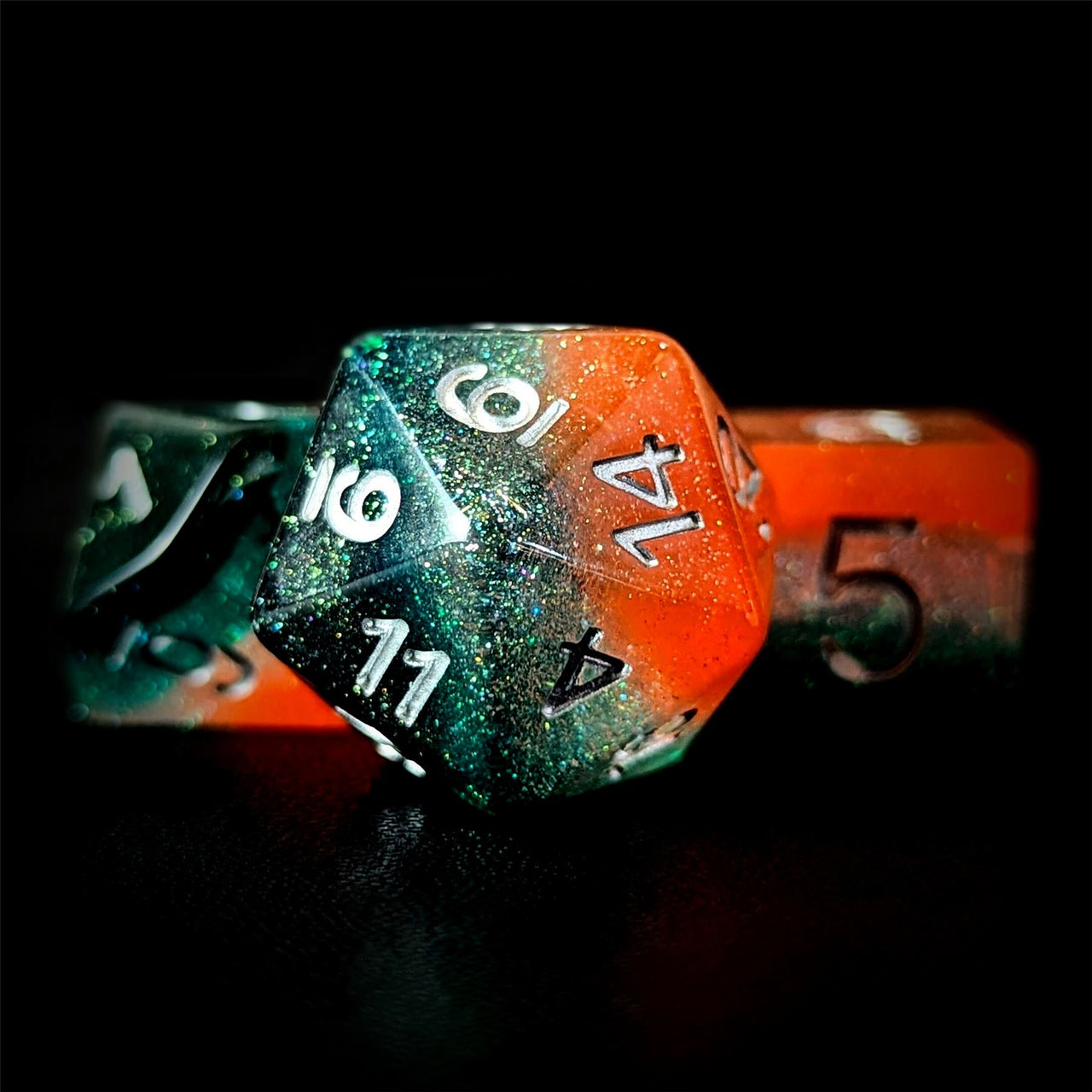 Glitter in Green, Teal & Orange Resin - 7pcs RPG Full Dice Set