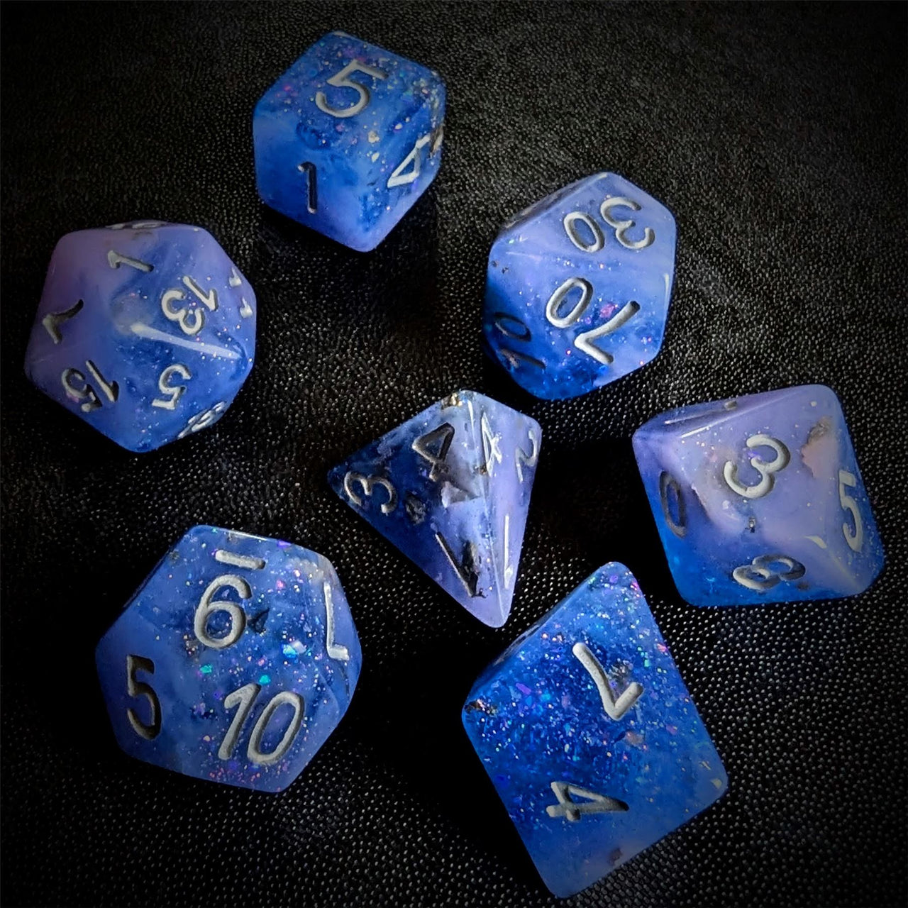 Glitter in Blue & Purple with White Resin - 7pcs RPG Full Dice Set