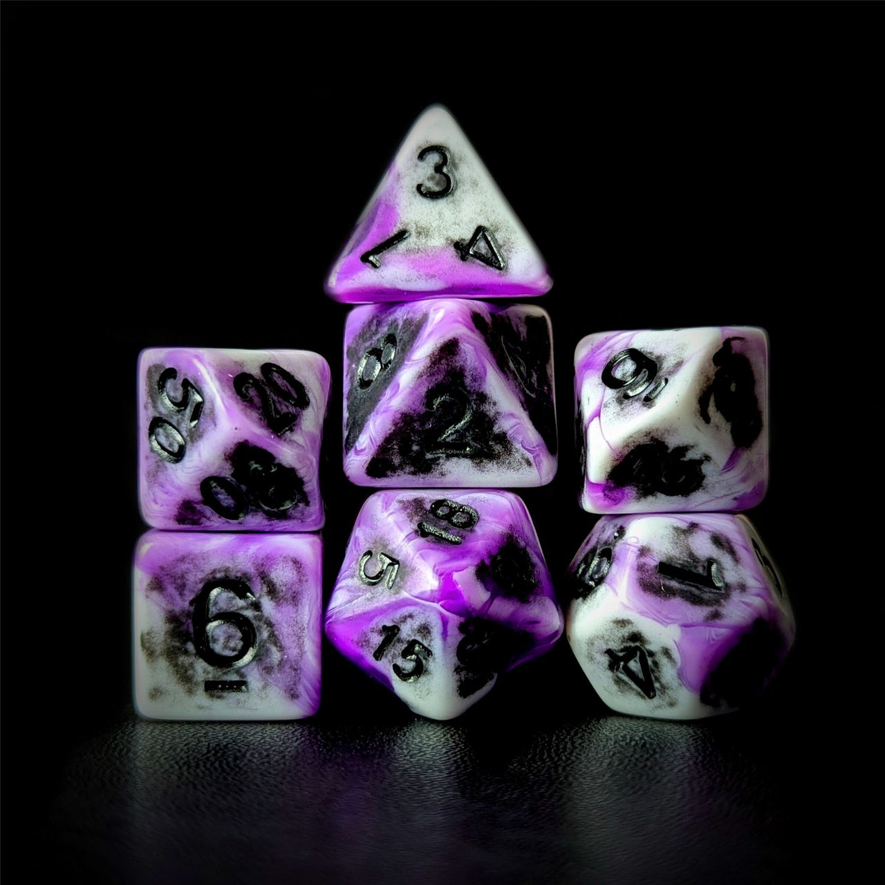 Washed Purple on White Acrylic - 7pcs RPG Full Dice Set Dark Stack