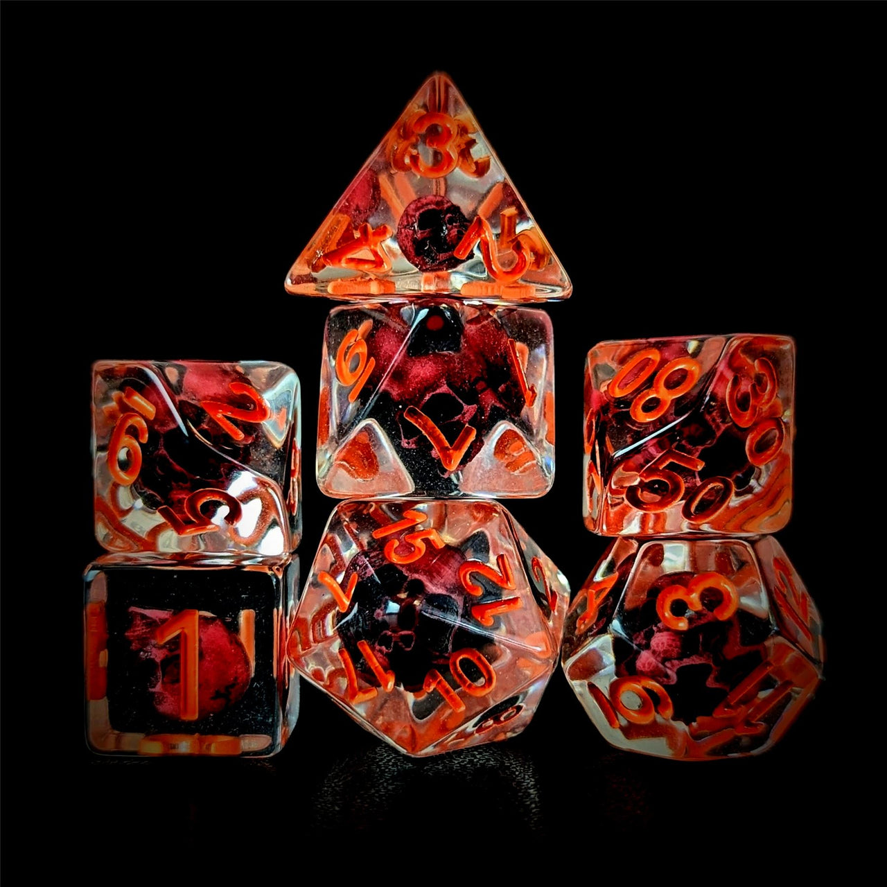 Pink Skull in Clear Resin - 7pcs RPG Full Dice Set