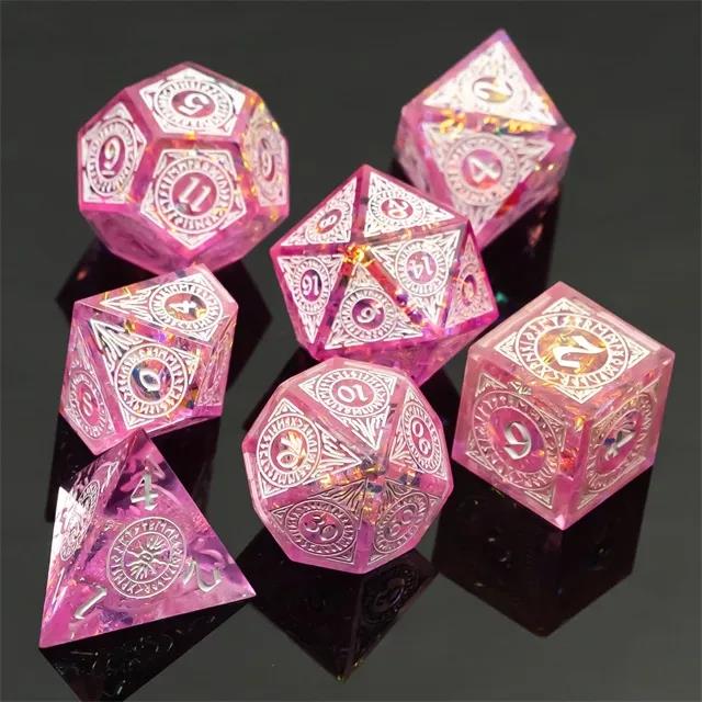 White Pattern on Pink with Candy Sharp Resin - 7pcs RPG Dice Set