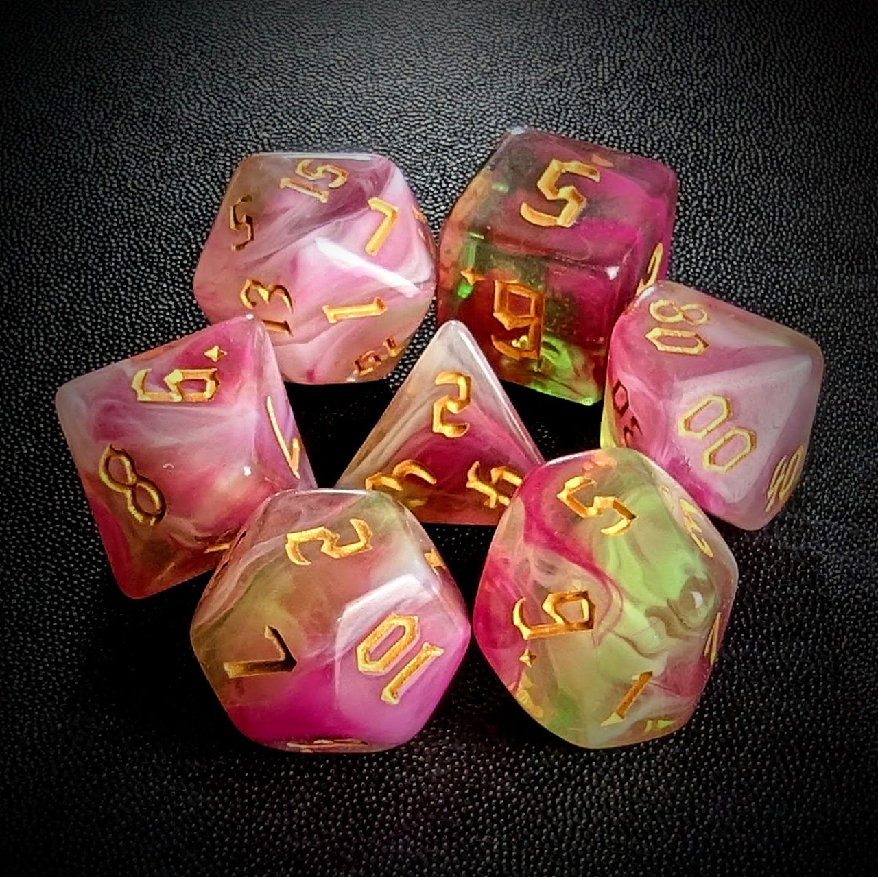 Blend of Green & Pink Acrylic - 7pcs RPG Full Dice Set Top