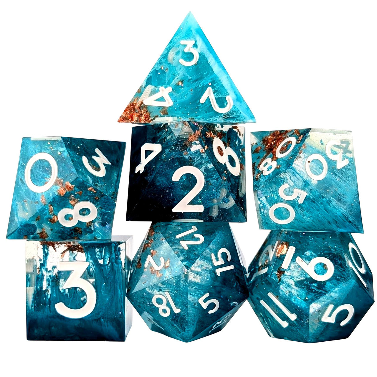 Blue Swirl in Teal with Gold Foil Sharp Resin - 7pcs RPG Dice Set