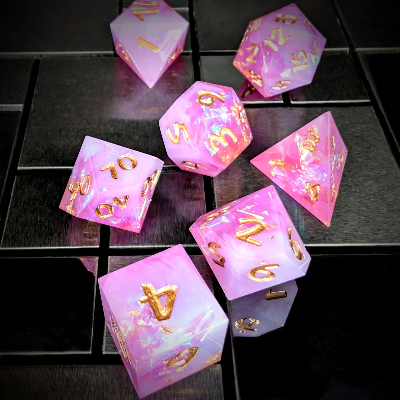 Candy in Purple & White with Copper Foil Sharp Resin - 7pcs RPG Dice Set