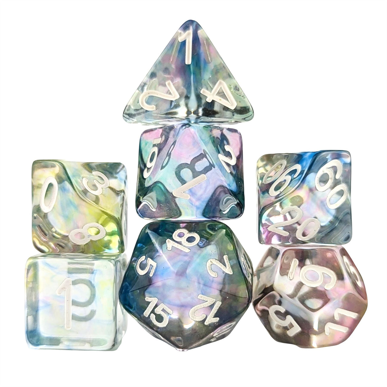 Multicolour Swirl in Clear Resin - 7pcs RPG Full Dice Set