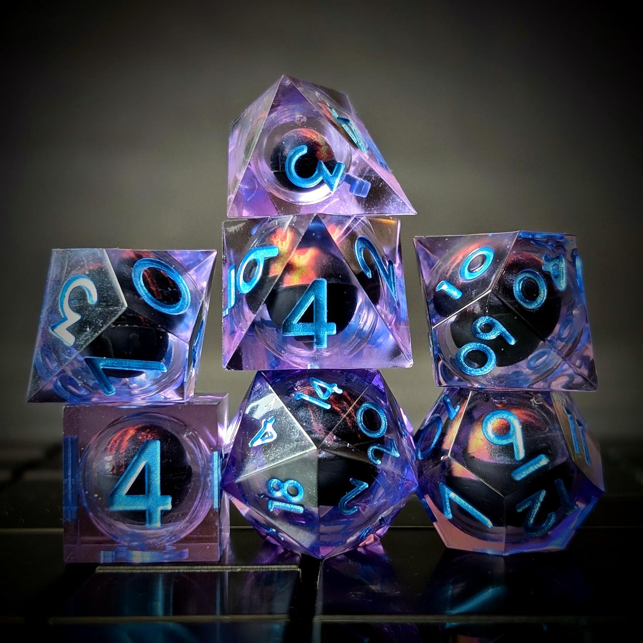 Red Dragon Eye Ball in Clear & Purple Filled Sharp Resin - 7pcs RPG Dice Set