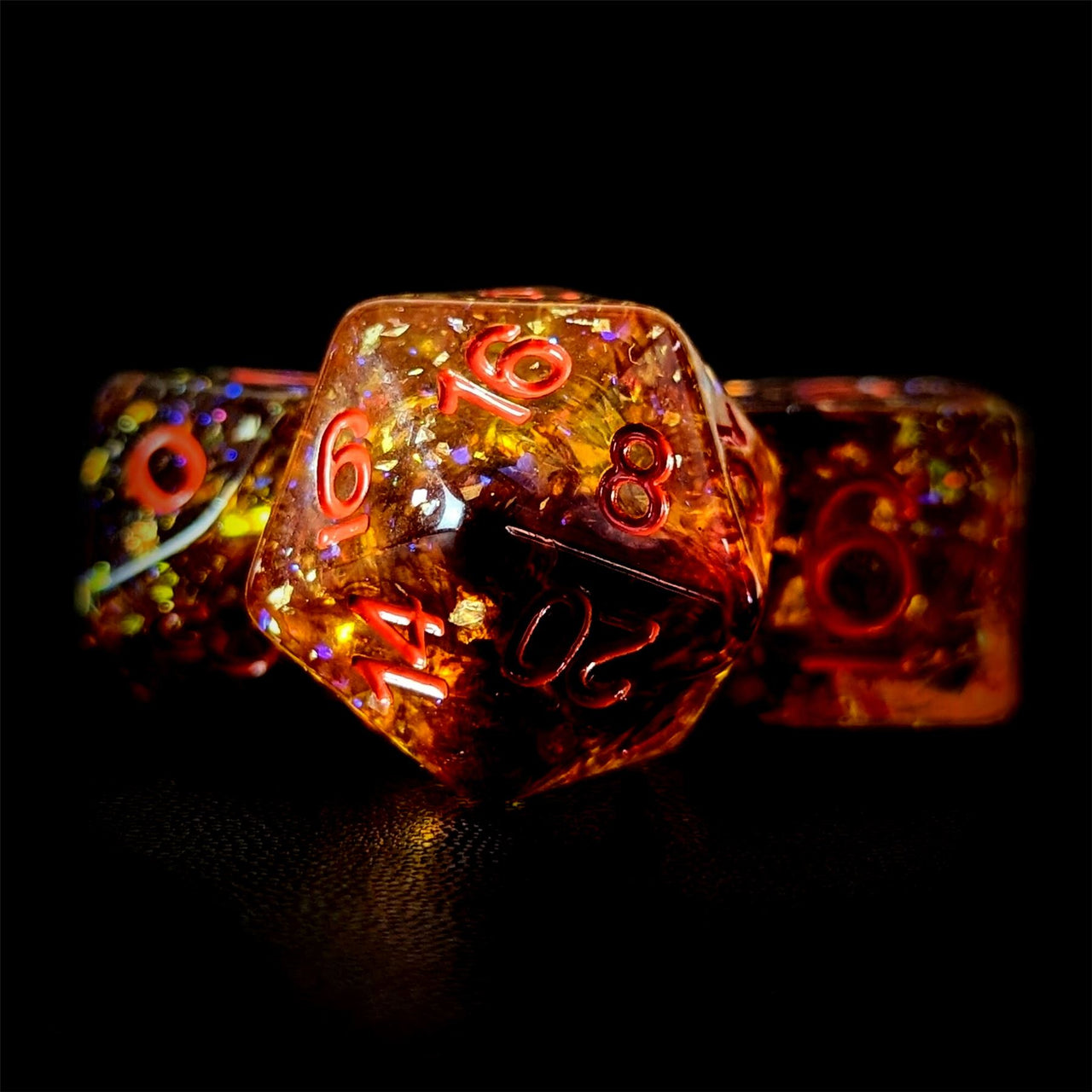 Glitter in Orange & Black Resin - 7pcs RPG Full Dice Set