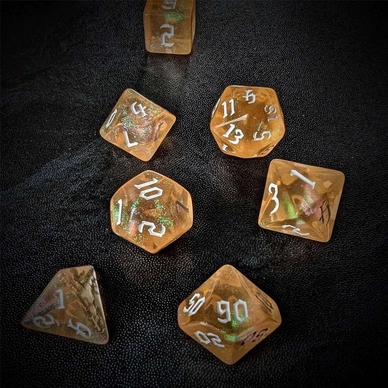 Glitter in Clear Orange Acrylic - 7pcs RPG Full Dice Set Scatter