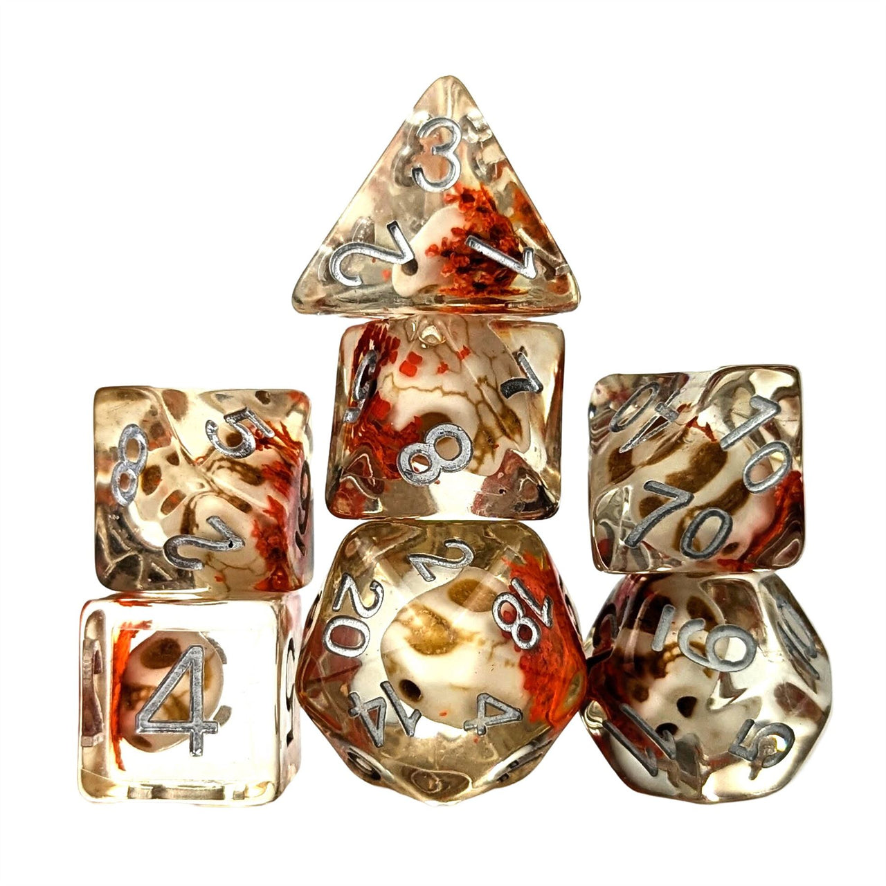 Skull & Orange Flower in Clear Resin - 7pcs RPG Full Dice Set